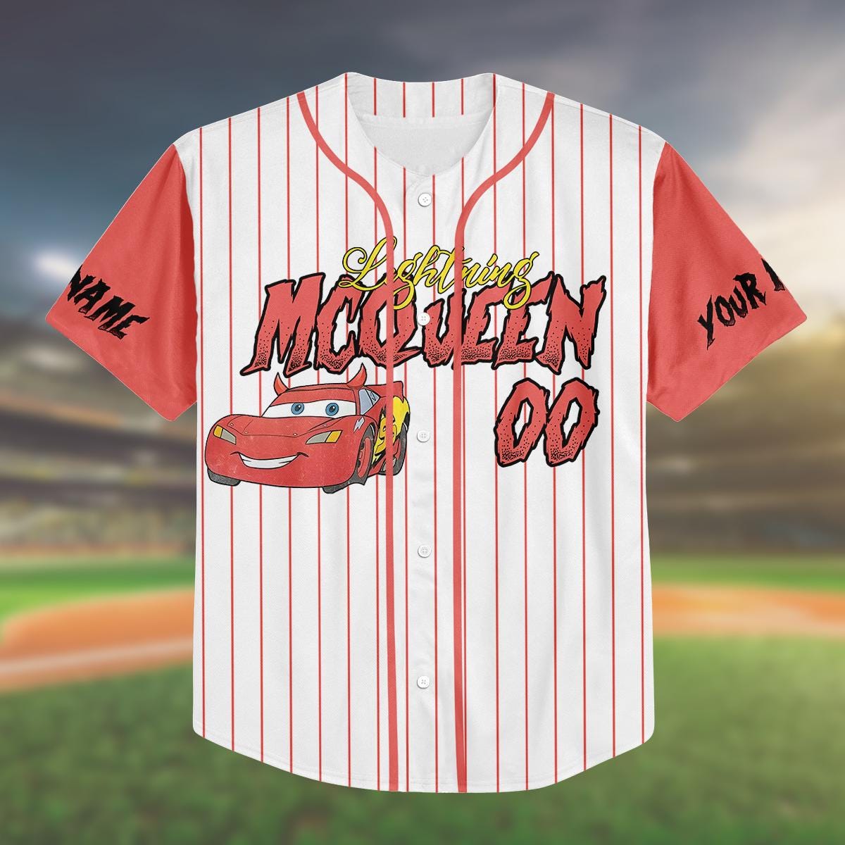 Custom Lightning McQueen Baseball Jersey, Halloween Trick or Treat Shirt, Kids Youth Adult Costume, Personalized Name Number