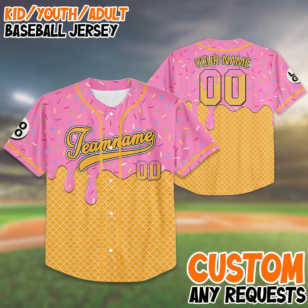 Custom Ice Cream Baseball Jersey, Personalized Name Number Shirt, Birthday Gift, Family Trip Matching Outfit, Fun Summer Jersey