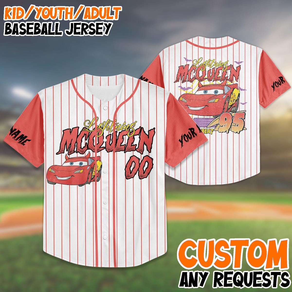 Custom Lightning McQueen Baseball Jersey, Halloween Trick or Treat Shirt, Kids Youth Adult Costume, Personalized Name Number