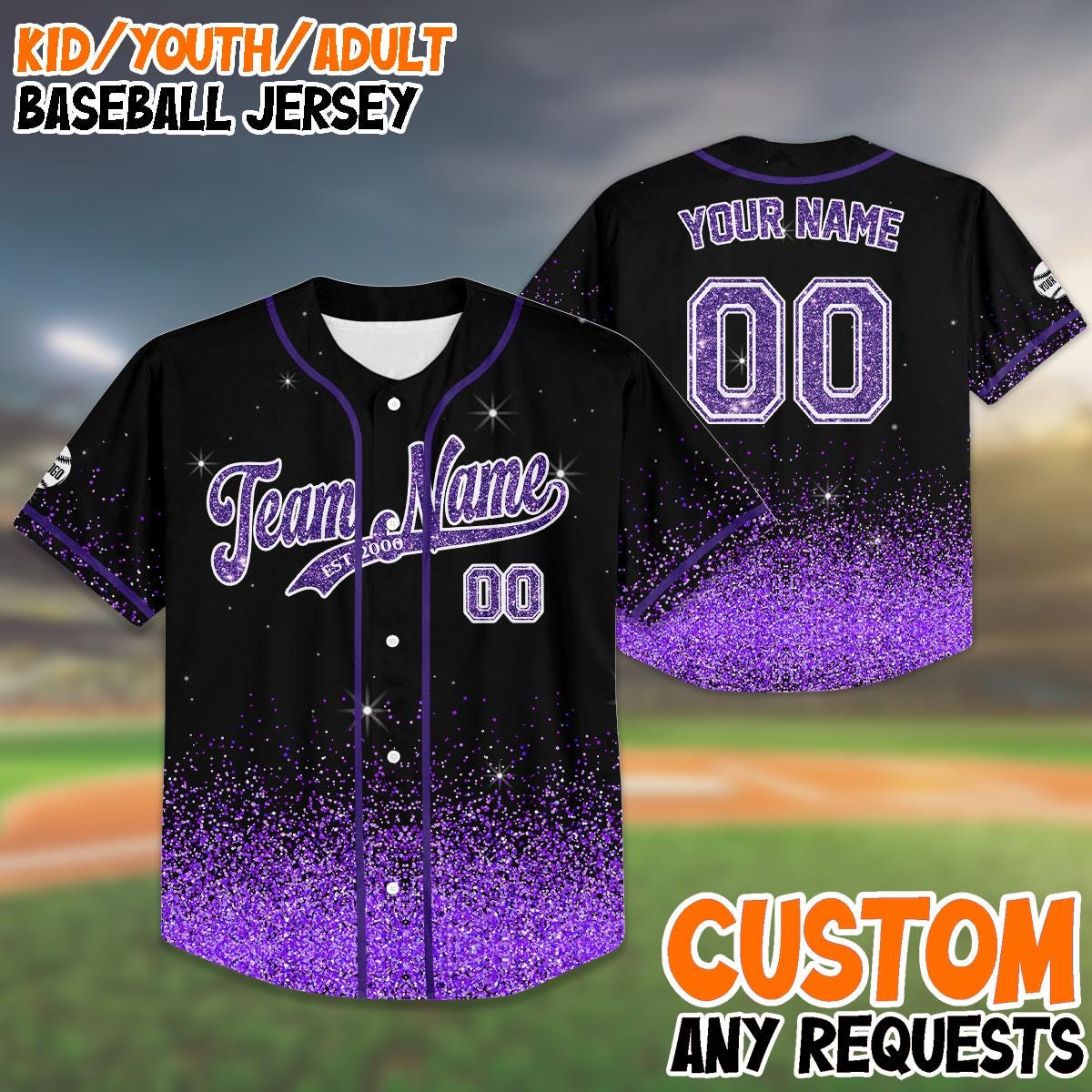 Custom Glitter Baseball Jersey Birthday Gift, Kids And Adults Sparkle Jersey, Personalized Name And Number, Purple Bling Shirt