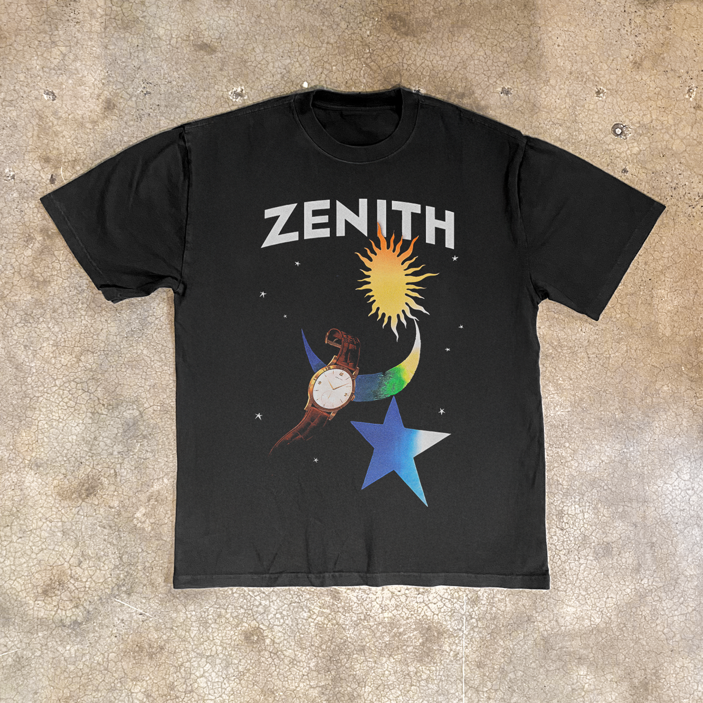 ZENITH WATCHES 'MOON & STARS' HEAVY FADED BLACK TEE
