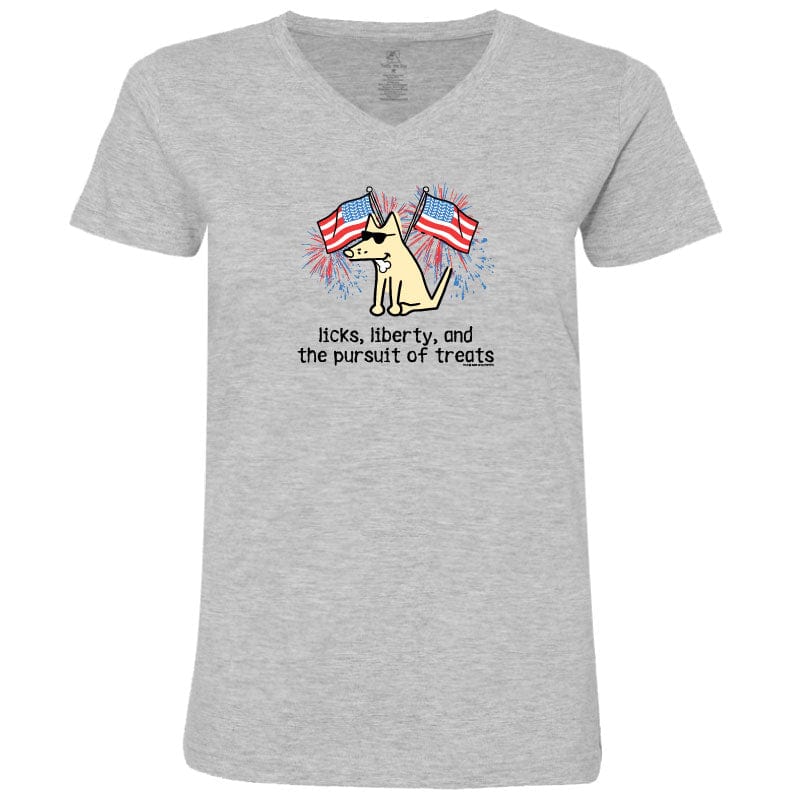 Licks Liberty and the Pursuit of Treats - Ladies T-Shirt V-Neck