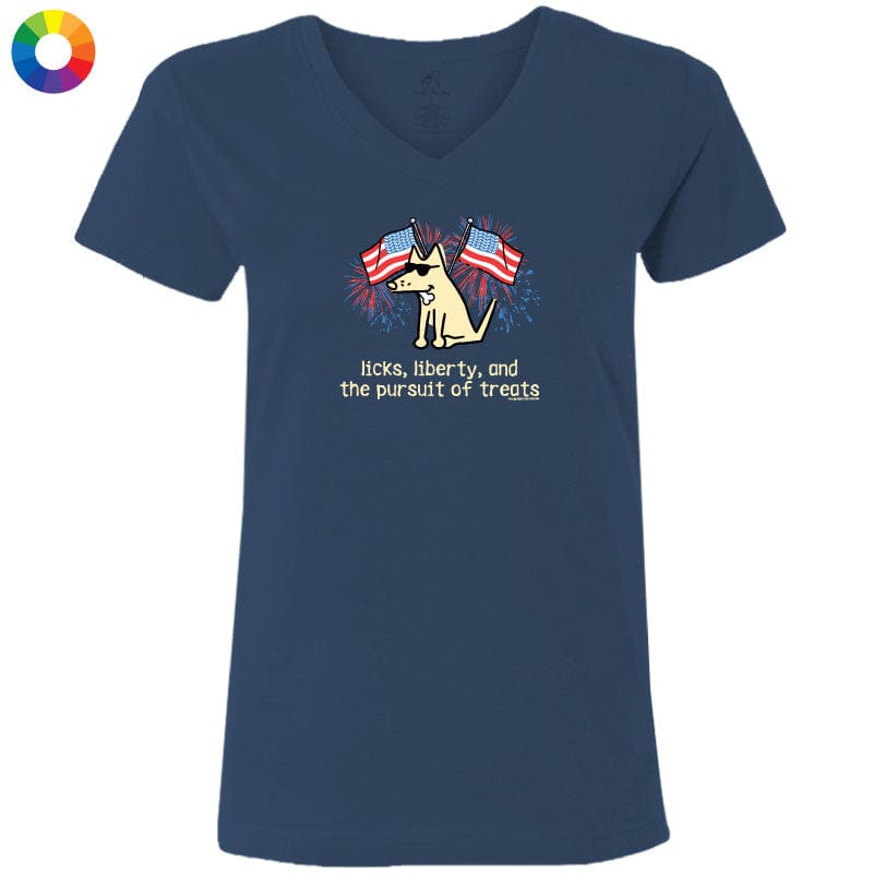 Licks Liberty and the Pursuit of Treats - Ladies T-Shirt V-Neck