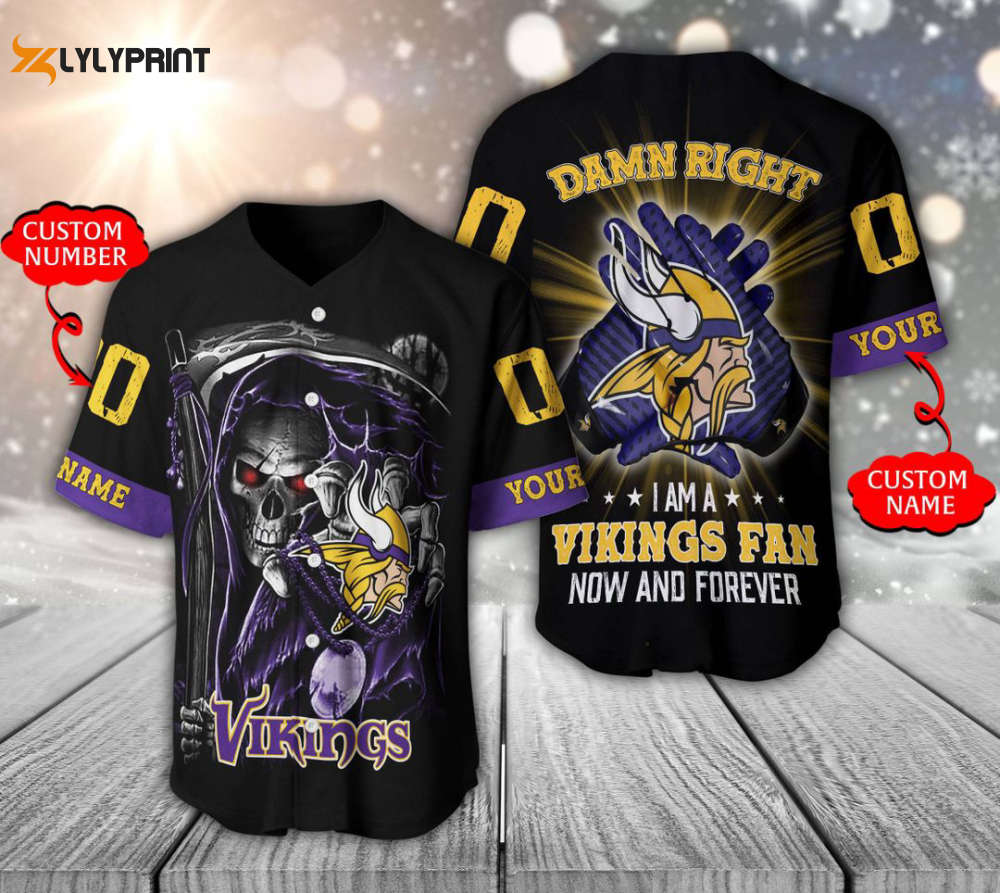 Minnesota Vikings Baseball Jersey Personalized Skull Damn Right Gift For Men Women - lylyprint.com