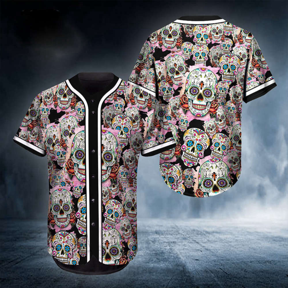 Pattern Color Sugar Skull Baseball Jersey - Aopprinter