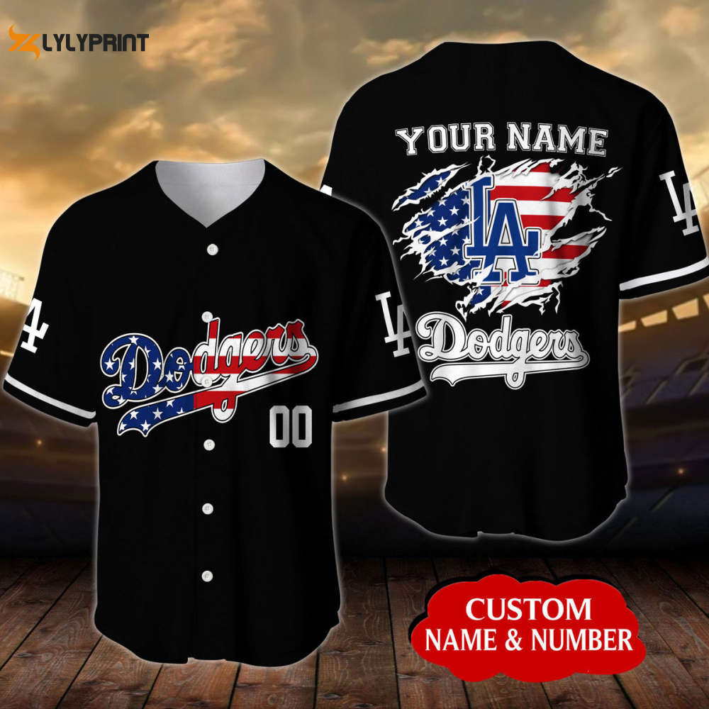 Personalized Los Angeles Dodgers USA Flag All Over Print Unisex Baseball Jersey - lylyprint.com