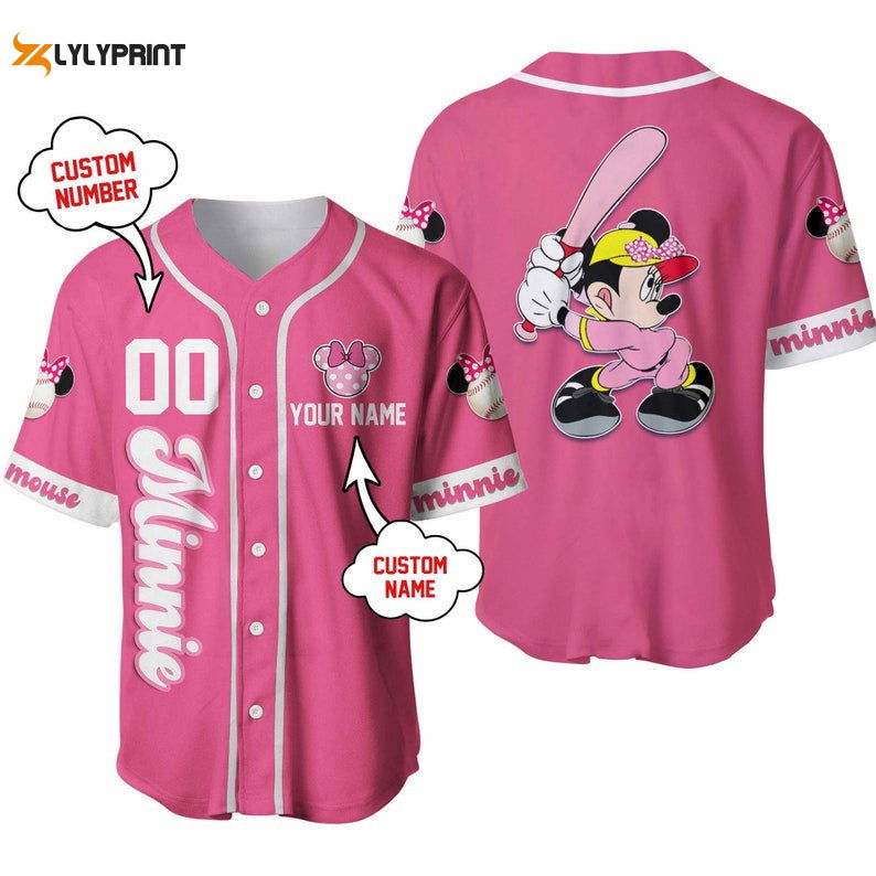 Personalized Minnie Mouse Playing Baseball All Over Print Baseball Jersey - Pink - lylyprint.com