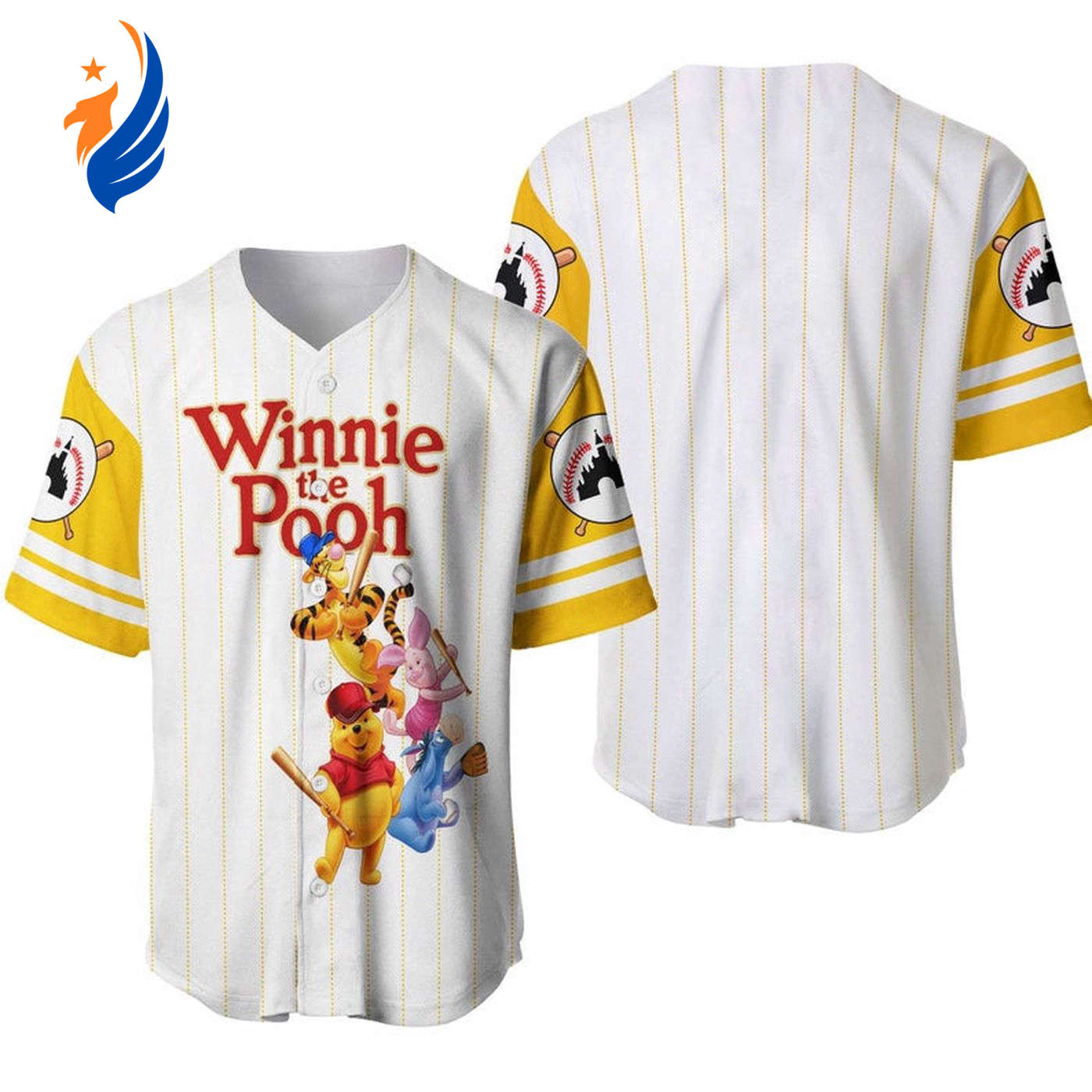 Playful Pooh Tigger Piglet Eeyore Baseball Jersey - All-Over Print Pinstripe Design - Bafud