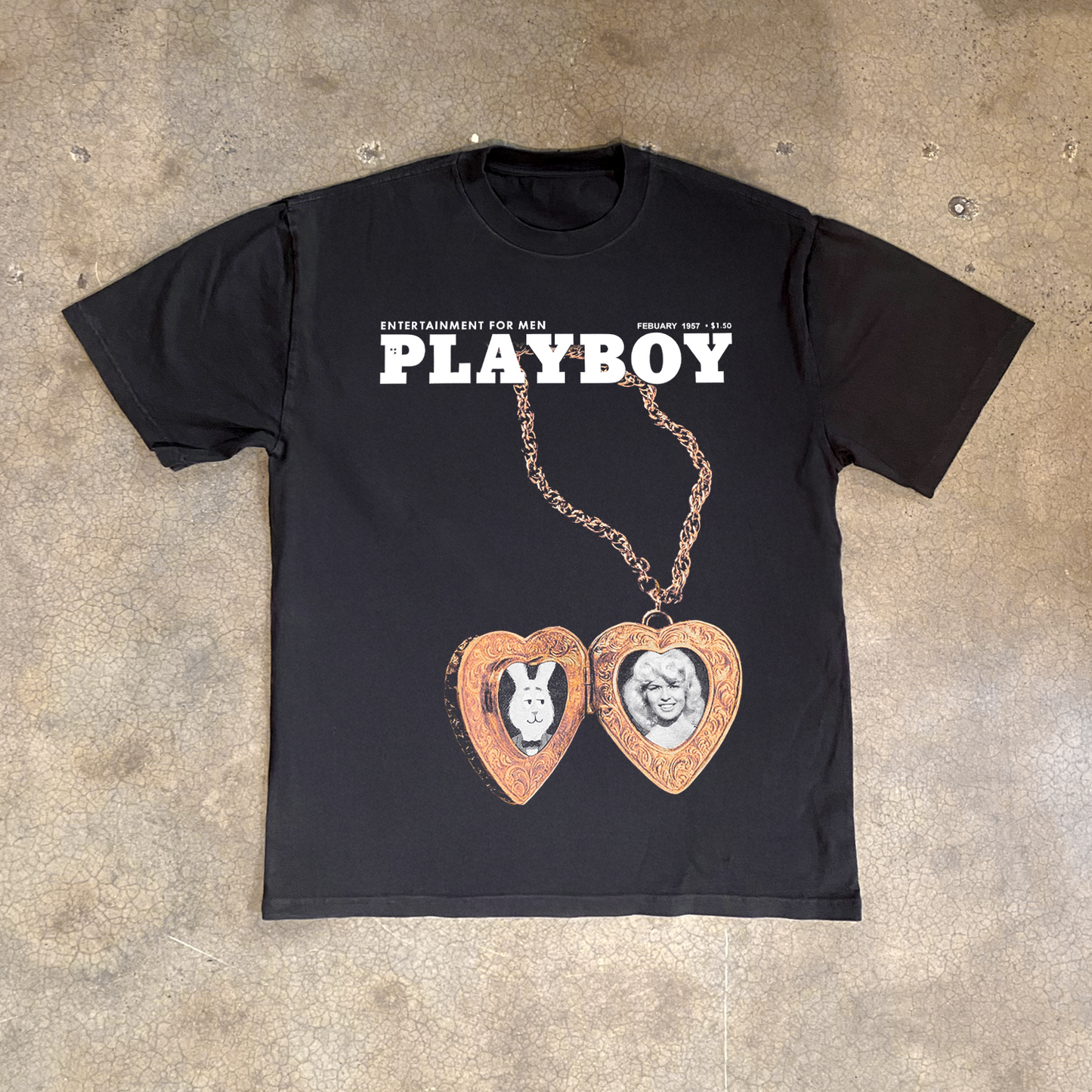FEB 1957 PLAYBOY 'JAYNE LOCKET' HEAVY FADED BLACK T-SHIRT