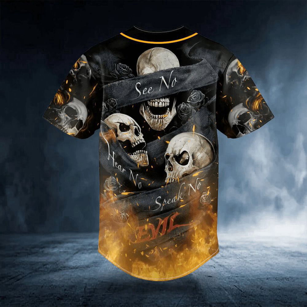 See Hear Speak No Evil Fire Skull Custom Baseball Jersey For Men Women, Skull lovers - lylyprint.com