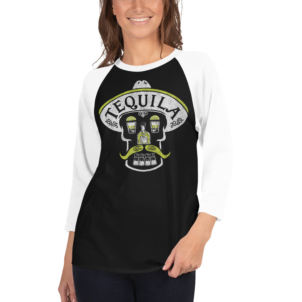 Unisex Tequila Skull 3/4 Sleeve Baseball T-Shirt