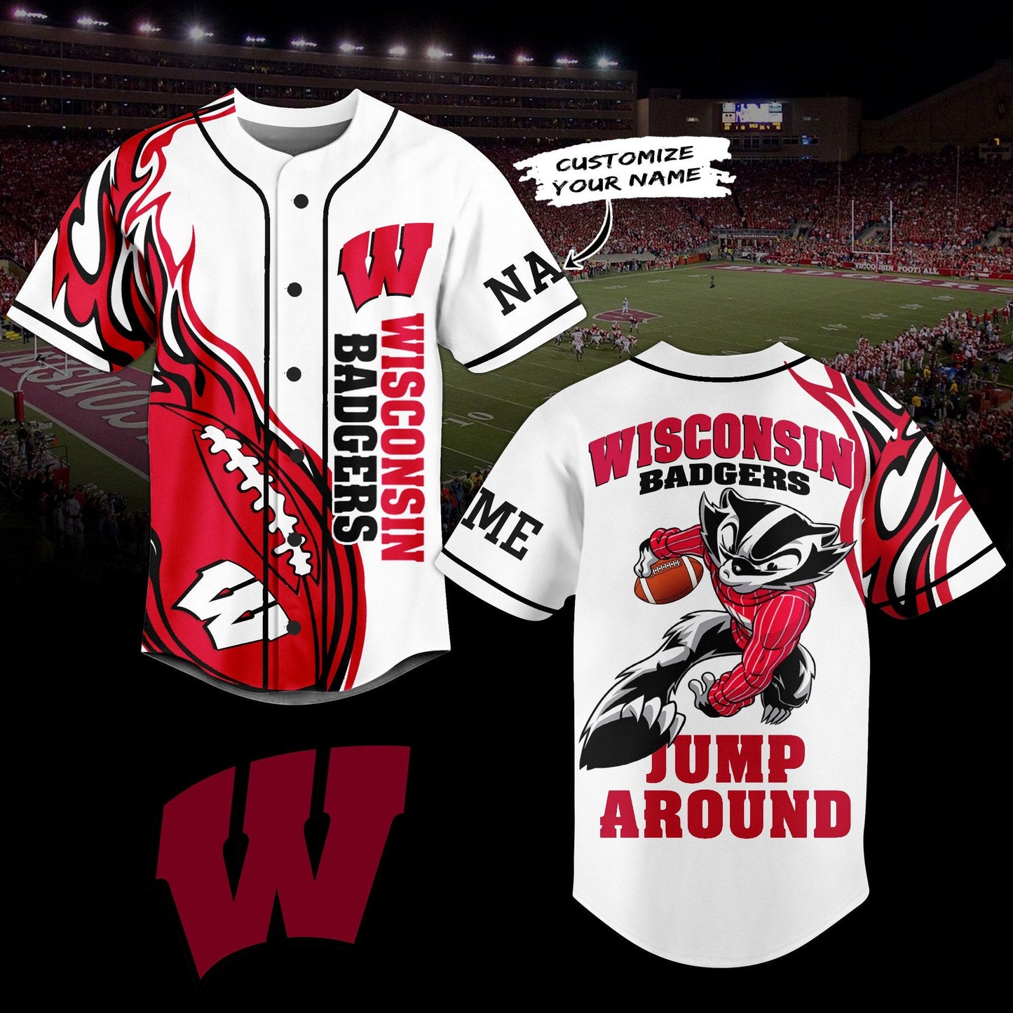 Wisconsin Badgers Football Jump Around Sport Baseball Jersey