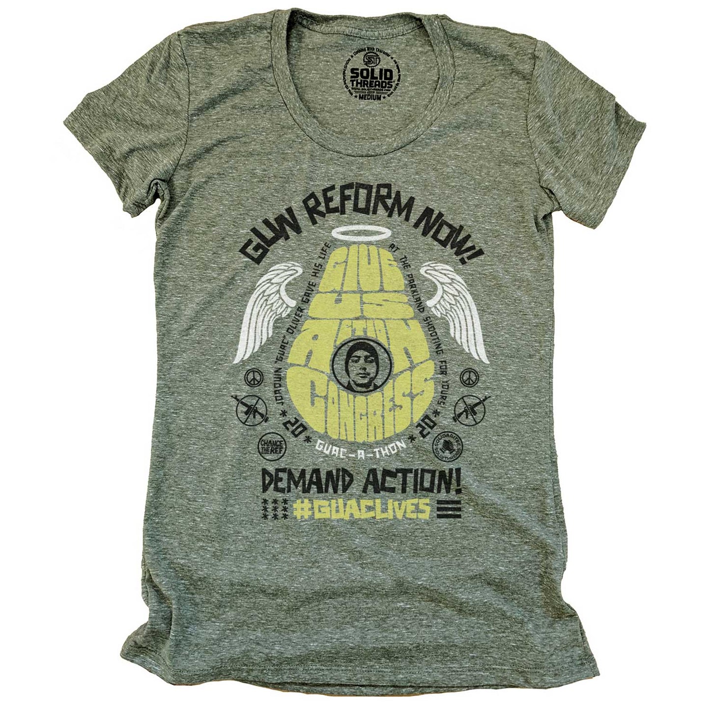 Women's Guac-A-Thon 2020 Give Us Action Congress Triblend Olive T-shirt | Supports Gun Reform